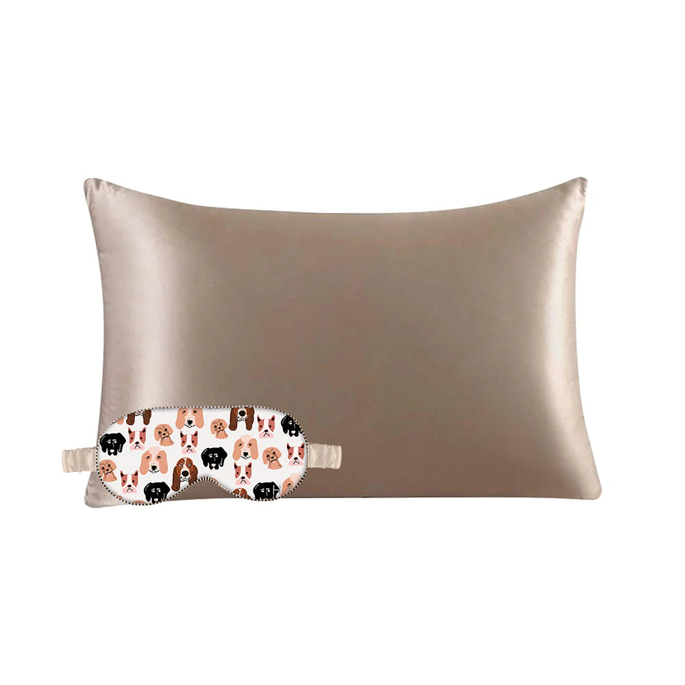 Dog Eye Mask & Taupe Pillowcase Satin Set